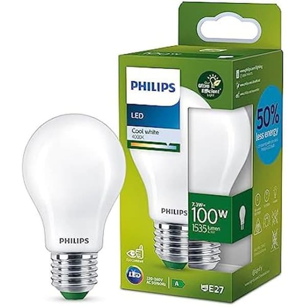 Philips Ultra Efficient Class A LED-lampa, 100W, E27-sockel, kall vit 4000K, frostad, glas