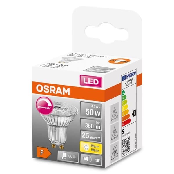 OSRAM Superstar reflektorlampa, GU10-sockel, klarglas, Varmvit (2700K), 350 Lumen, Ersättning för 2700