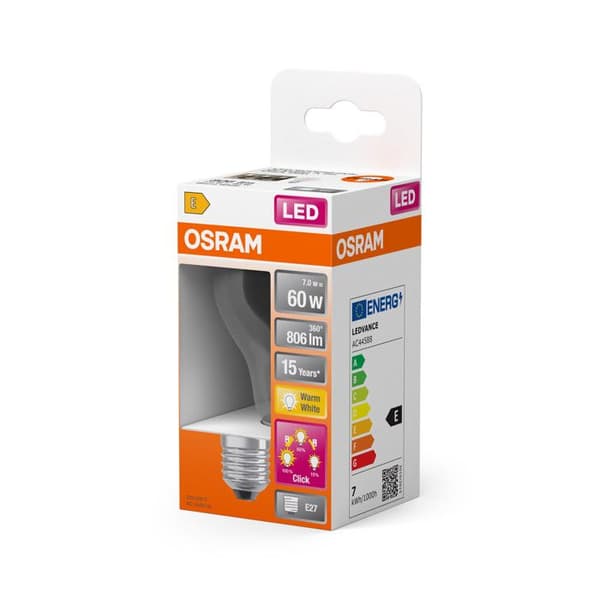OSRAM LED-lampa - E27 - Varmvit - 2700 K - 7 W - ersättning för 60 W glödlampa - klar - LED TRE STEGS DIMMER