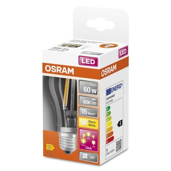 OSRAM LED-lampa - E27 - Varmvit - 2700 K - 7 W - ersättning för 60 W glödlampa - klar - LED TRE STEGS DIMMER