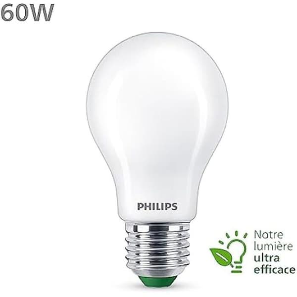 Ultraeffektiv klass A LED-lampa - PHILIPS - 60W - E27 bas - Varmvit 2700K - Frostad - Glas