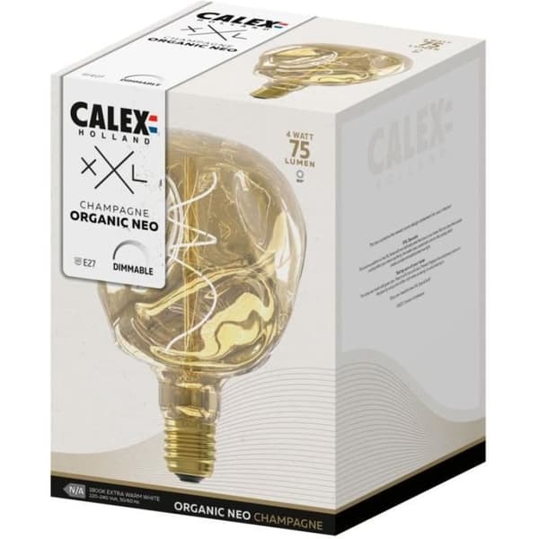 E27 LED-lampa - CALEX - G125 NEO ORGANIC - Flexibel glödtråd - 4 W - 75 lm - 1800 K - Dimbar - Champagne