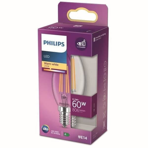 Philips LED-lampa Ekvivalent 60W E14 Varmvit Ej dimbar - Glas