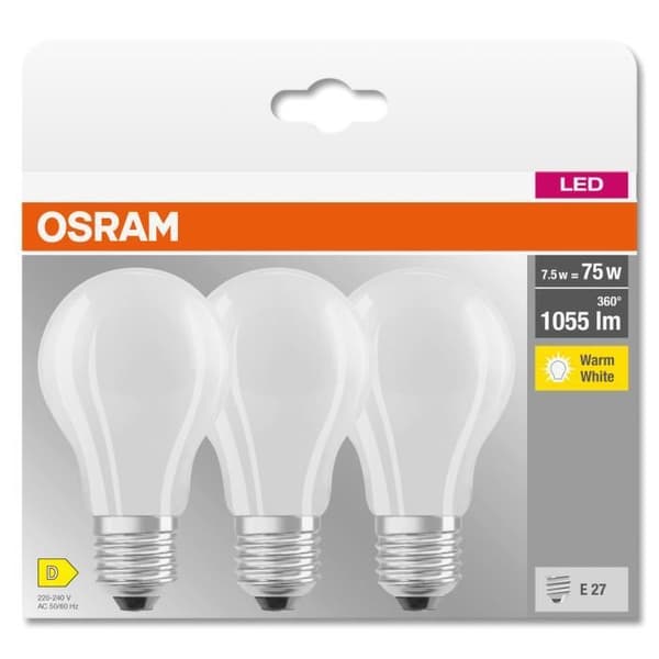 3x OSRAM LED BASE Classic A75, LED-lampor med frostat glasfilament för E27 bas, glödlampsform, varmvit (2700K), 1055