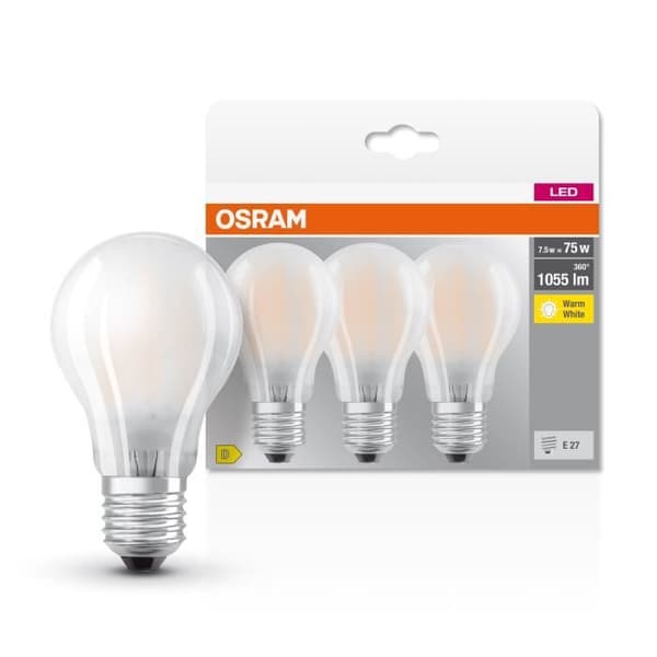 3x OSRAM LED BASE Classic A75, LED-lampor med frostat glasfilament för E27 bas, glödlampsform, varmvit (2700K), 1055