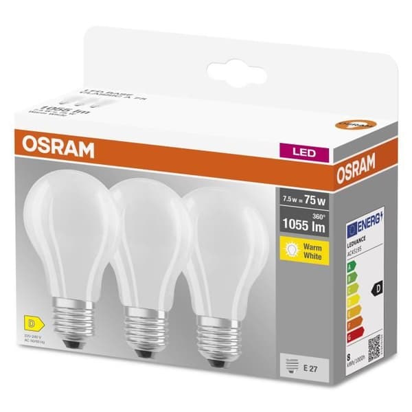 3x OSRAM LED BASE Classic A75, LED-lampor med frostat glasfilament för E27 bas, glödlampsform, varmvit (2700K), 1055