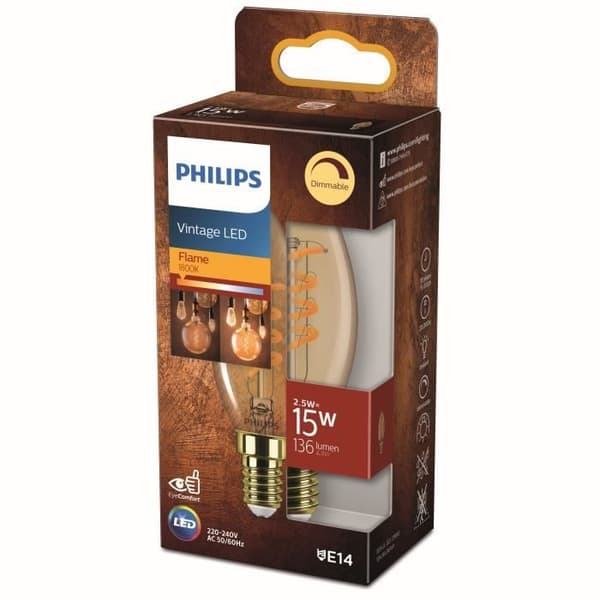 PHILIPS E14 Flame LED-lampa - 15W varmvit bärnsten - Kompatibel med dimmer - glas