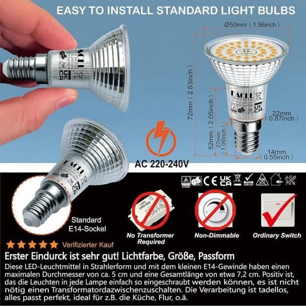 Ampull LED E14 - EACLL - 6W - Varm Vit - Motsvarande 90W - Ej dimbar