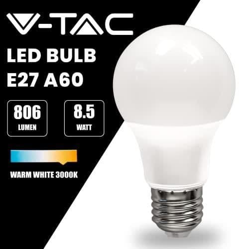 V-TAC LED-lampor E27 8,5W (motsvarande 60W) A60-806 Lumen - 4000K Neutral Vit - 200° ljusstråleöppning - Effektivitet