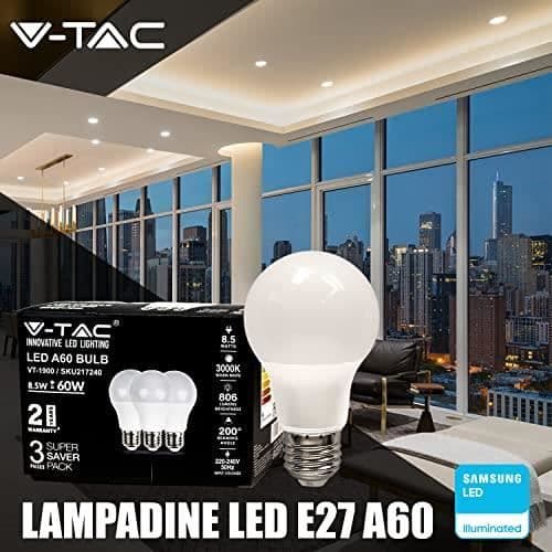 V-TAC LED-lampor E27 8,5W (motsvarande 60W) A60-806 Lumen - 4000K Neutral Vit - 200° ljusstråleöppning - Effektivitet