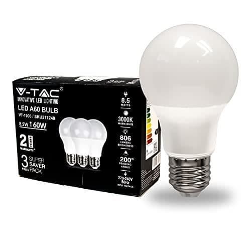 V-TAC LED-lampor E27 8,5W (motsvarande 60W) A60-806 Lumen - 4000K Neutral Vit - 200° ljusstråleöppning - Effektivitet