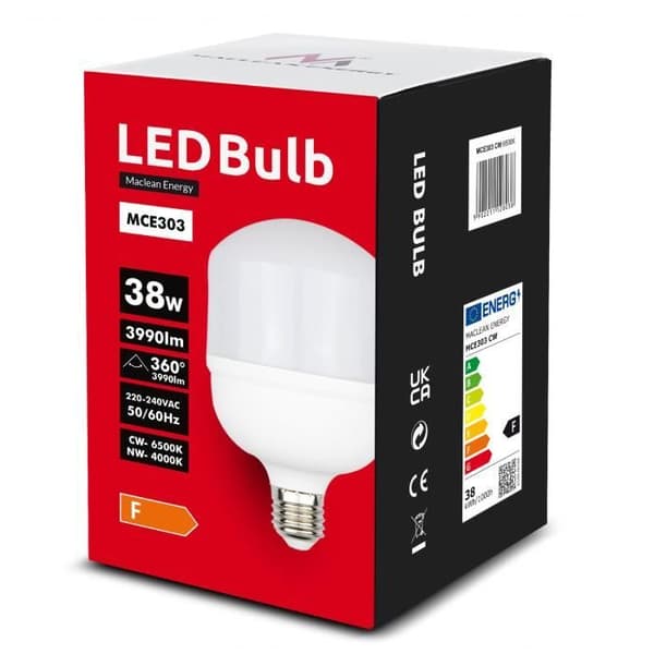Maclean MCE303 CW LED-lampa, E27, 38W, 220-240V AC, kall vit, 6500K, 3990lm