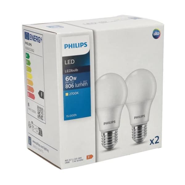 Pack med 2 LED-lampor CorePro A60 E27 8W (=60W) 2700K varmvit 806 lm - Philips