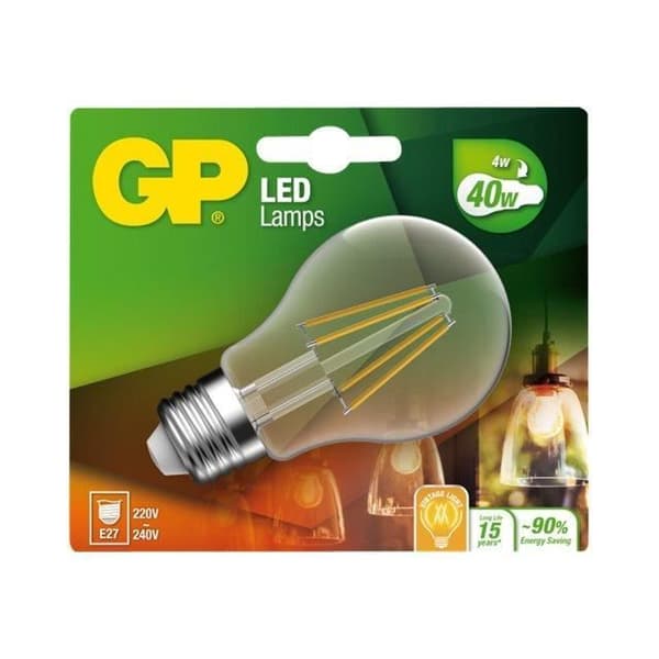 GP LED-lampa Form: A60 klar finish E27 3,7W (40W ekvivalent) Klass A++ Varmvitt ljus 2700K