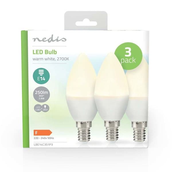 Paket med 3 LED-lampor E14 2,8 W 250 lm 2700 K Stearinljusform Nedis Vit