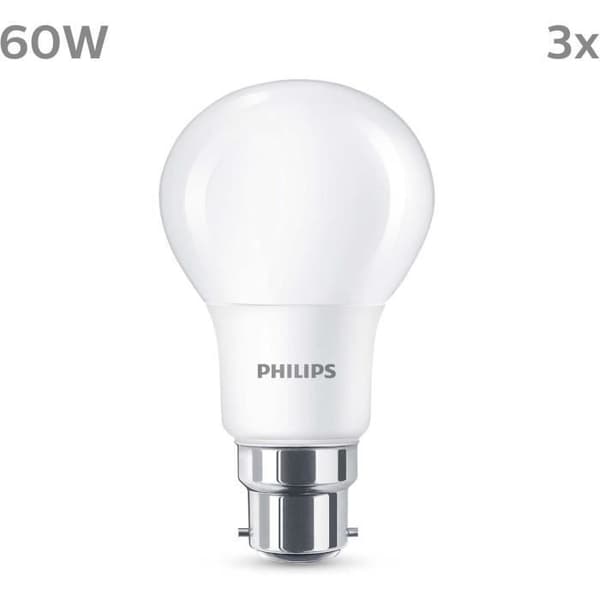 LED-pære - PHILIPS - 60 W - B22 - Varm hvid - Matteret - Ikke-dæmpbar - 3 stk.