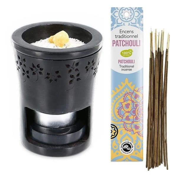 Brännarställ i svart sten + Indiskt patchouli-oinol