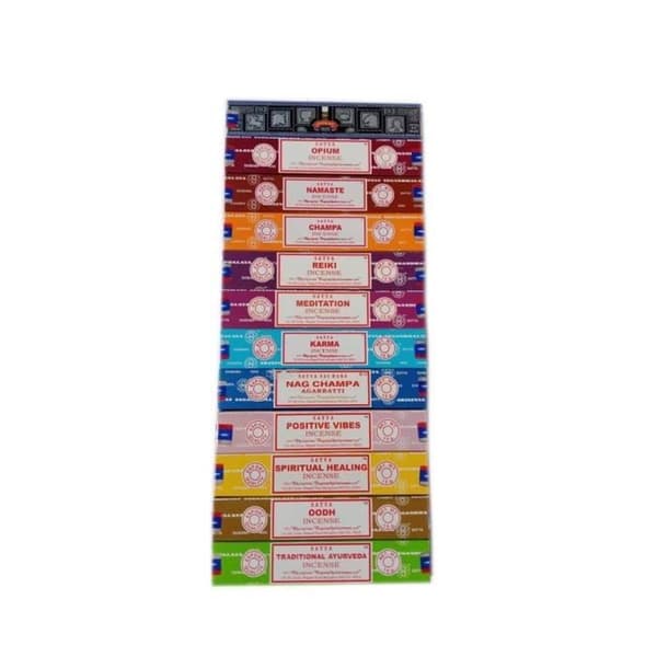 Satya Nag Champa rökelse Set 12x15gram innehåller: Nag Champa, Super Hit, Oodh, Positive Vibes, Namaste, Champa, Opium, Reiki, la