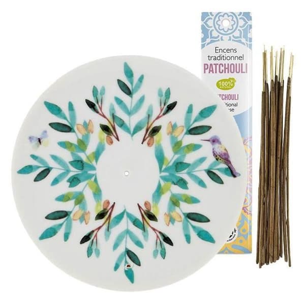 Akvarell porslin rökelsehållare fat + indisk rökelse med patchouli