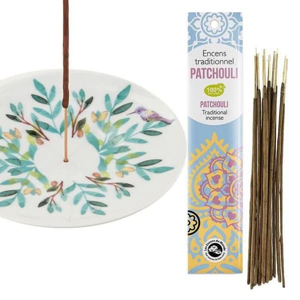 Akvarell porslin rökelsehållare fat + indisk rökelse med patchouli