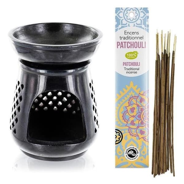 Diffusör för rökelse Moucharabieh i svart sten + Indisk rökelse med patchouli