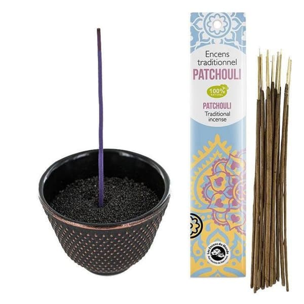 Svart och guld rökelsehållare för koppar i gjutjärn + indisk Patchouli rökelse
