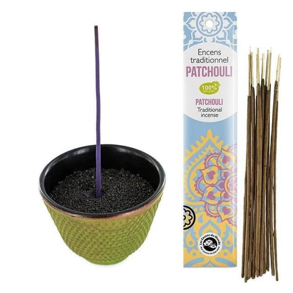 Grön och guld gjutjärnskopp rökelsehållare + Patchouli indisk rökelse
