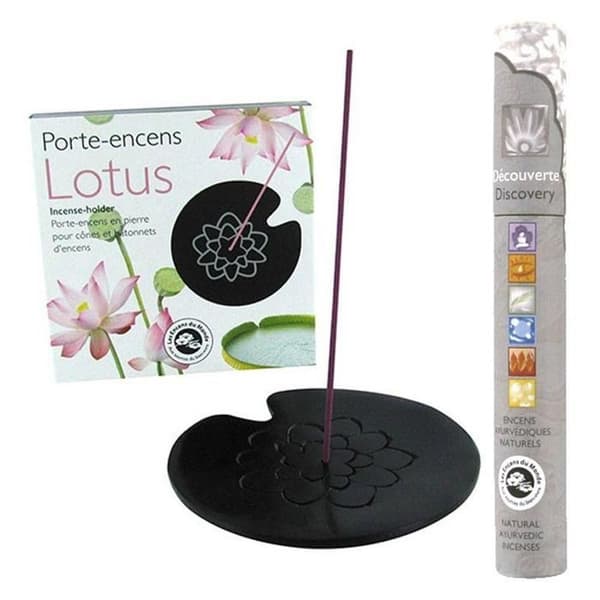 Rökelsehållare i svart sten från Lotus + 14 ayurvediska rökelser