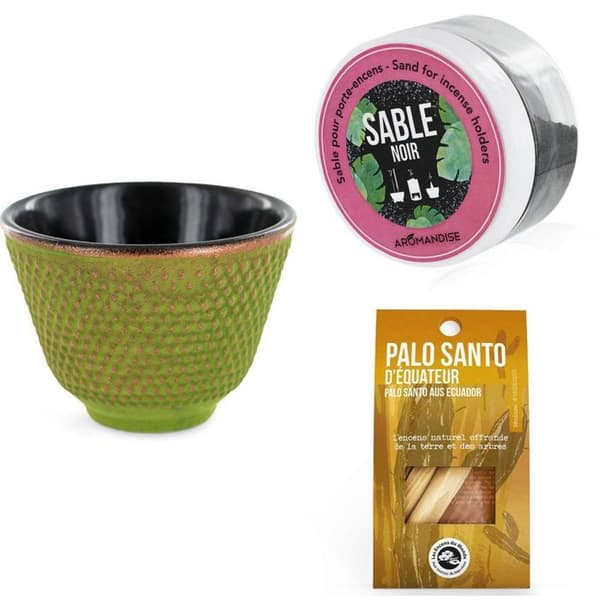 Rökelsehållare för grönt och guld + svart sand + Palo Santo pinnar