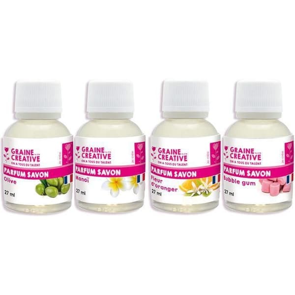 4 parfymer för gör-det-själv tvål - Olive Monoï Orange blossom Tuggummi