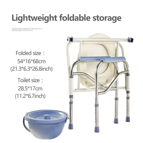 Käytettäväksi taitettava wc-tuoli, säädettävä korkeus 65-75 cm, kevyt ja kannettava, liukumaton jalka.