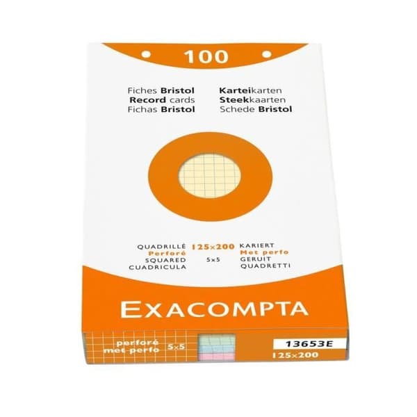 EXACOMPTA 100 indexkort 125x200 mm i kvadrat 5x5 mm och perforerade blandade färger