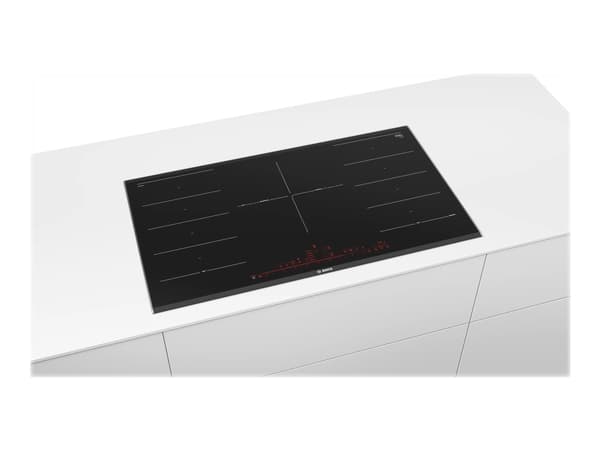 Bosch Serie | 8 PXV975DV1E - Induksjonskomfyrtopp - 5 plater - Nisje - bredde: 88 cm - dybde: 49 cm - med sidepynt av rustfritt stål, fasetterte kant Sort