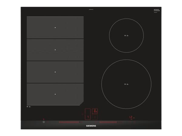 Siemens iQ700 EX675LEC1E - Induksjonskomfyrtopp - 4 plater - Nisje - bredde: 56 cm - dybde: 49 cm - svart - med sidepynt av rustfritt stål, - med fas Aluminium, Sort