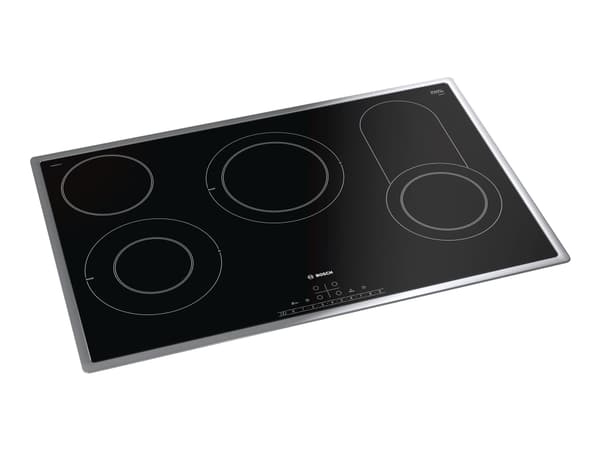 Bosch Serie | 6 PKC845FP1D - Keramisk komfyrtopp - 4 plater - Nisje - bredde: 78 cm - dybde: 50 cm - med pynt av rustfritt stål - svart/rustfritt stå Sort