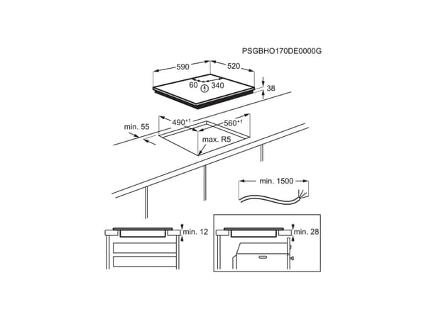Electrolux EHF6232FOK - Keramisk komfyrtopp - 3 plater - Nisje - bredde: 56 cm - dybde: 49 cm - med avfaset front - svart