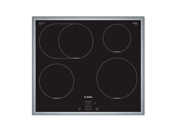 Bosch Serie 4 NIF645CB5E, Musta, Ruostumaton teräs, Kiinteä, 58 cm, Keittoalueinduktioliesi, Keraaminen lasi, 4 alue(tta) musta, Ruostumaton teräs