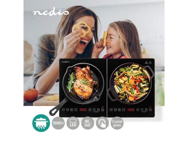 Nedis KAIP124CBK2, Sort, Benkeplate, 56 cm, Sonebasert induksjon, Glass, 2 zone(s)