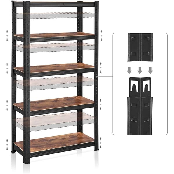 Rootz Opbevaringsstativ - Reol - Opbevaringsskab - 5 hylder - Industriel - Multifunktionel - Sort - Brun - Stål - MDF - 150 x 75 x 30 cm