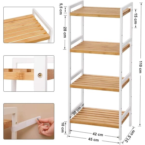Rootz Bambusstativ - Stående stativ - Køkkenstativ - 4 hylder - Hvid bambus - 45 x 31,5 x 110 cm