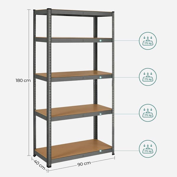 Rootz opbevaringsstativ - opbevaringshylder - kraftige reoler - 5 niveauer opbevaringshylder - metalopbevaringshylder - grå - 180 x 90 x 40 cm
