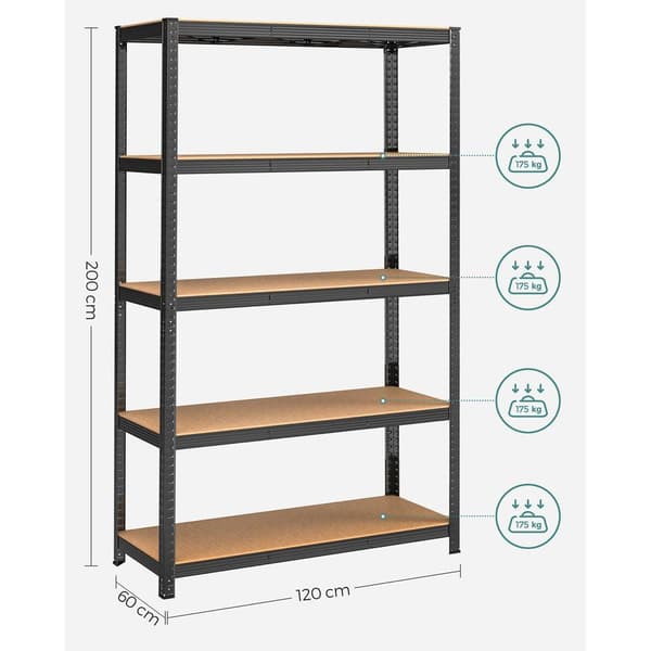 Rootz Opbevaringsstativ - Opbevaringshylder - Kraftige reoler - Opbevaringsstativ i 5 niveauer - Metalopbevaringshylder - Stål/MDF - Sort - 200 x 120