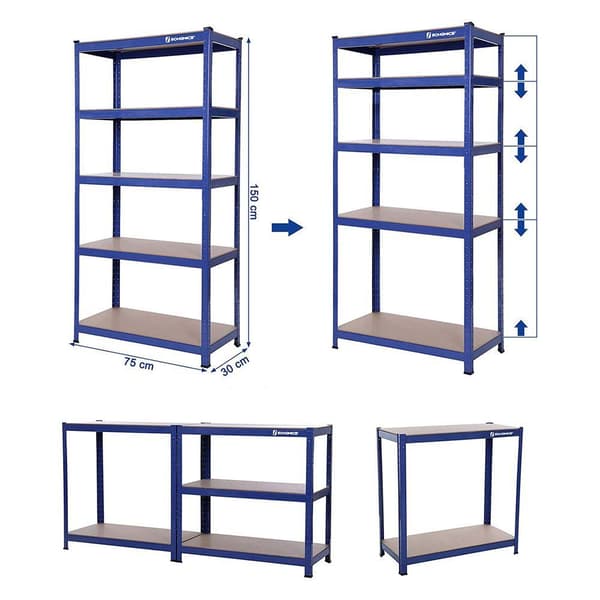 Rootz opbevaringsstativ - sæt med 2 opbevaringsreoler - industrielle opbevaringsreoler - 5 hylder - opbevaringshylder - blå - 30 x 75 x 150 cm