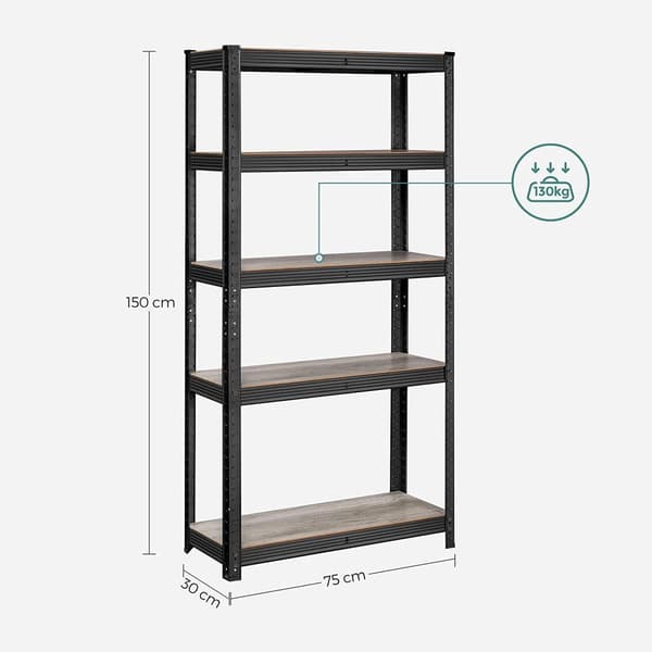 Rootz opbevaringsstativ - opbevaringshylder - kraftige reoler - 5 niveauer opbevaringsstativ - metalopbevaringshylder - sort - 150 x 75 x 30 cm