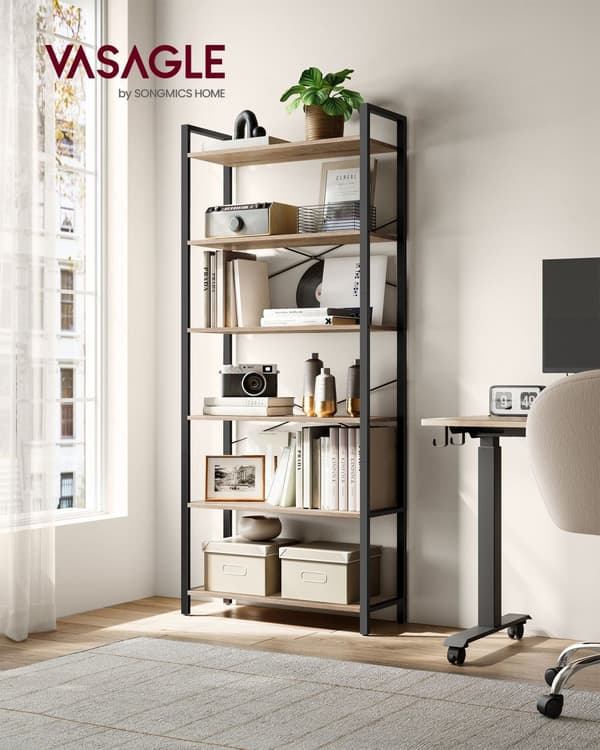 Bokhylla-6 nivå-industriell design-kamelbruin bläck svart