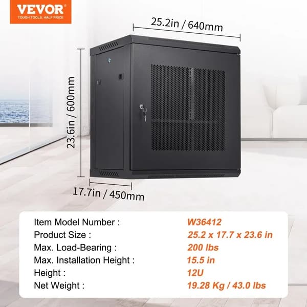 VEVOR Multifunktionel Netværk Server Skab, Maksimal Belastning Kapacitet 200 lbs, Alsidige 6U/9U/12U Muligheder,12U W36412