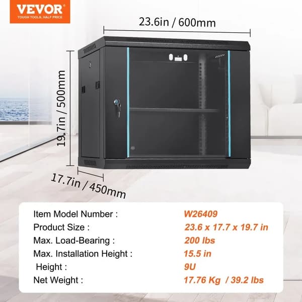 VEVOR Multifunktionel Netværk Server Skab, Maksimal Belastning Kapacitet 200 lbs, Alsidige 6U/9U/12U Muligheder,9U