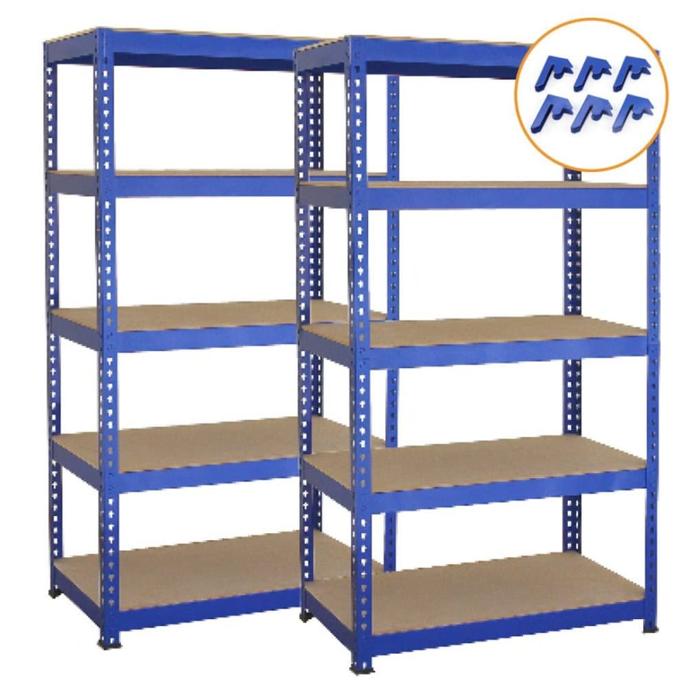 2 x T-RAX hyllenheter i blå metall 75 cm x 150 cm x 30 cm med gratis ihopkopplingsfästen