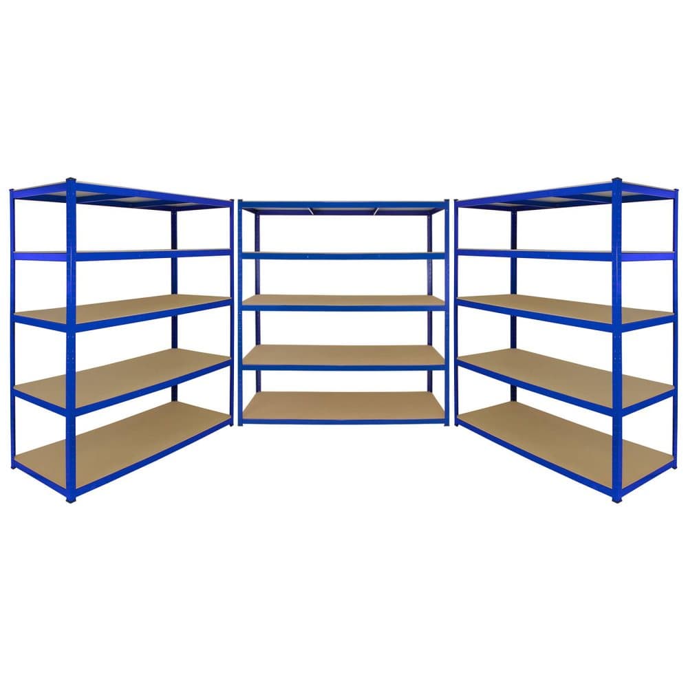 T-RAX 3 x Robusta Blå Garagehyllor Hyllenhet Verkstadshylla Verkstadshyllor Lager Garagehyllor Garage Förvaring MDF Bultfritt 106 cm x 60 cm x 180 cm