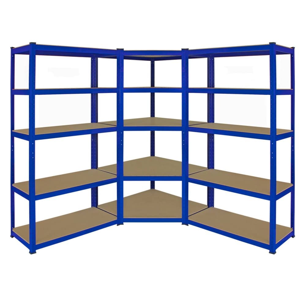 Monster Racking T-Rax Hörnhylla & 2 x 90 cm Robusta Garageförvaringshyllor Blå Förvaring Lager Garage Förråd Varuhus Skjul Verktyg Pulverlackerat Stål